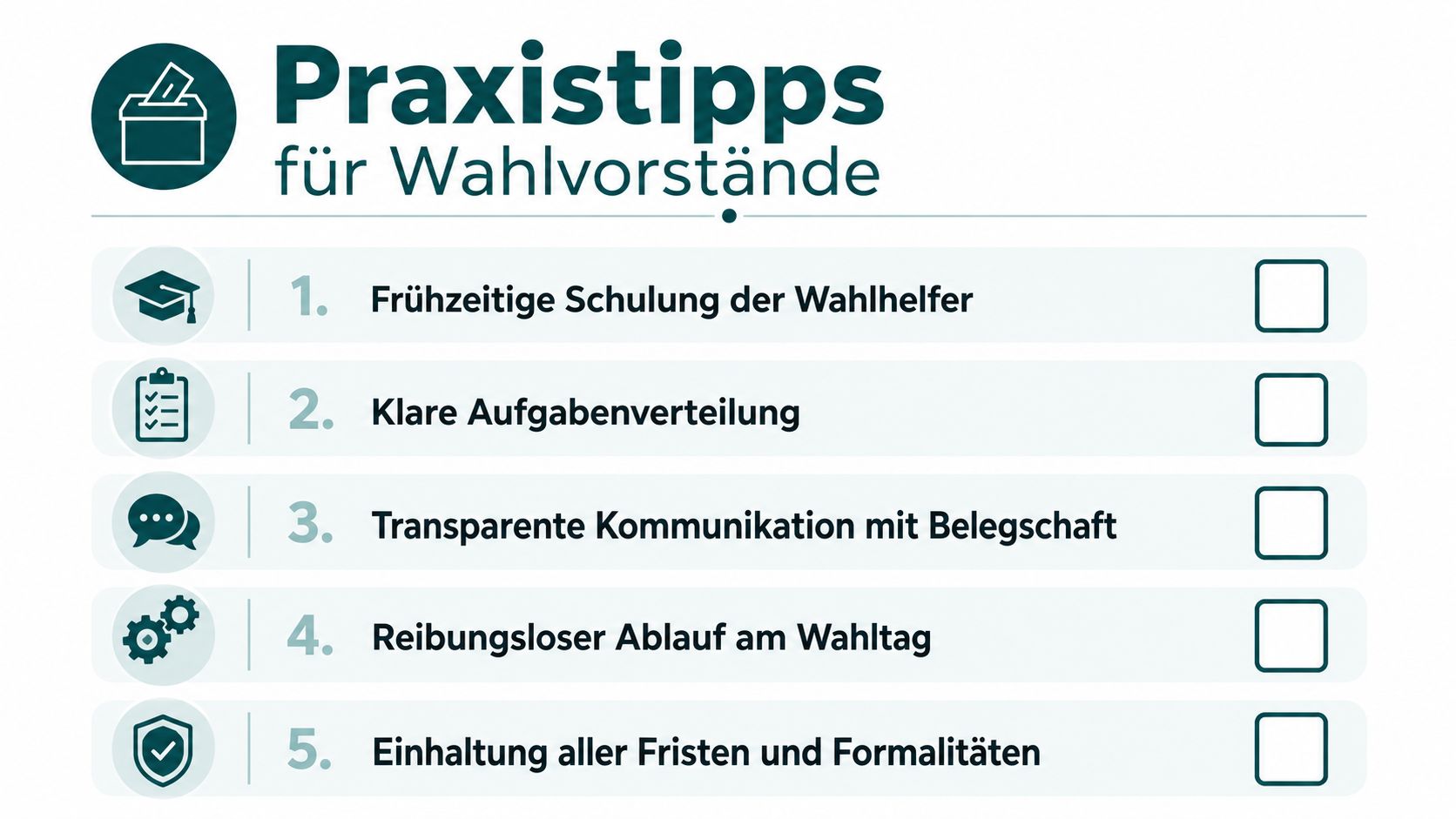 Eine Infografik mit fünf Praxistipps für Wahlvorstände zur Vorbereitung und Durchführung einer betrieblichen Wahl.