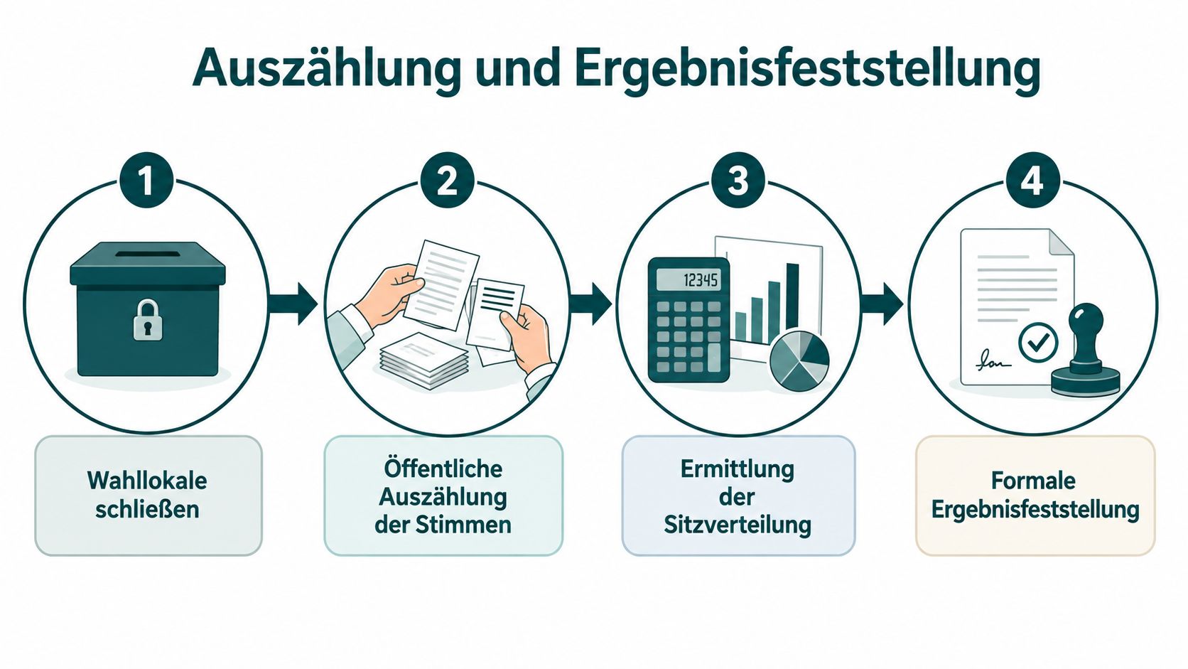 Eine Infografik zeigt den Prozess der Stimmauszählung und Ergebnisfeststellung bei Wahlen in vier übersichtlichen Schritten mit passenden Symbolen.