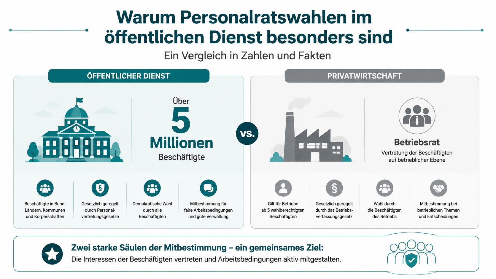 Vergleich zwischen Personalratswahlen im öffentlichen Dienst und Betriebsratswahlen in der Privatwirtschaft mit ihren jeweiligen gesetzlichen Rahmenbedingungen.