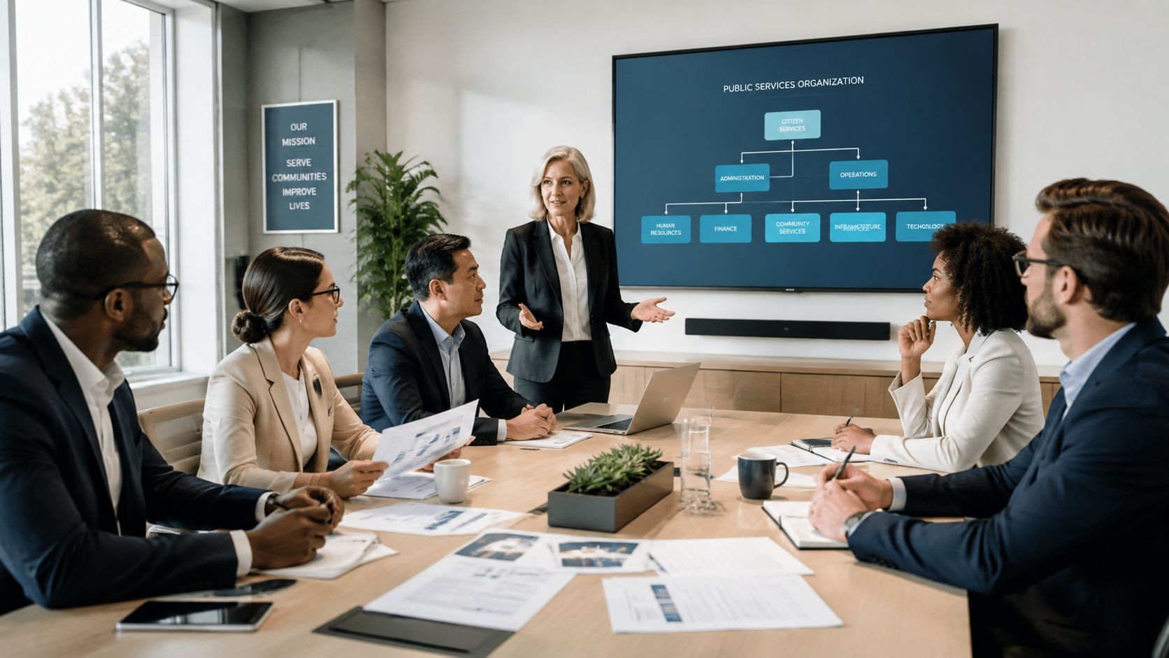 Eine professionelle Geschäftsfrau hält eine Präsentation vor ihrem Team während eines Meetings in einem modernen Büro.