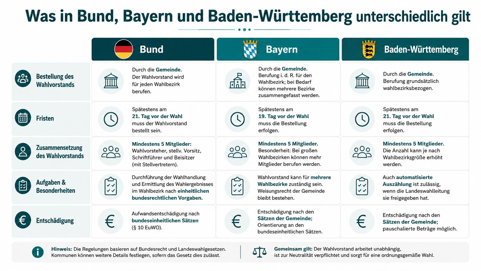 Vergleich der Wahlvorstandsregelungen für Personalratswahlen zwischen Bund, Bayern und Baden-Württemberg in einer übersichtlichen Vergleichstabelle.