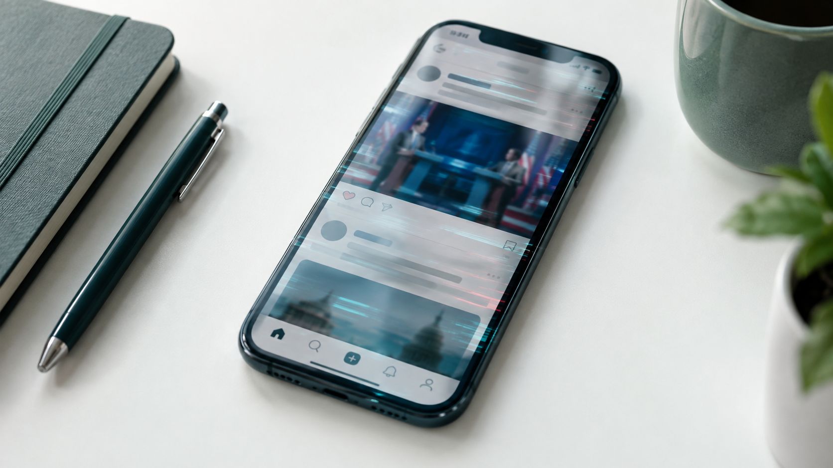 Ein Smartphone zeigt auf dem Display eine digitale Podiumsdiskussion im Rahmen einer politischen Wahlkampf-Berichterstattung.