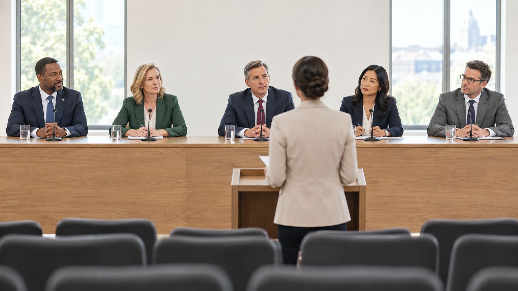 Eine Frau steht an einem Podium und hält vor einer Jury eine professionelle Präsentation in einem Konferenzraum.