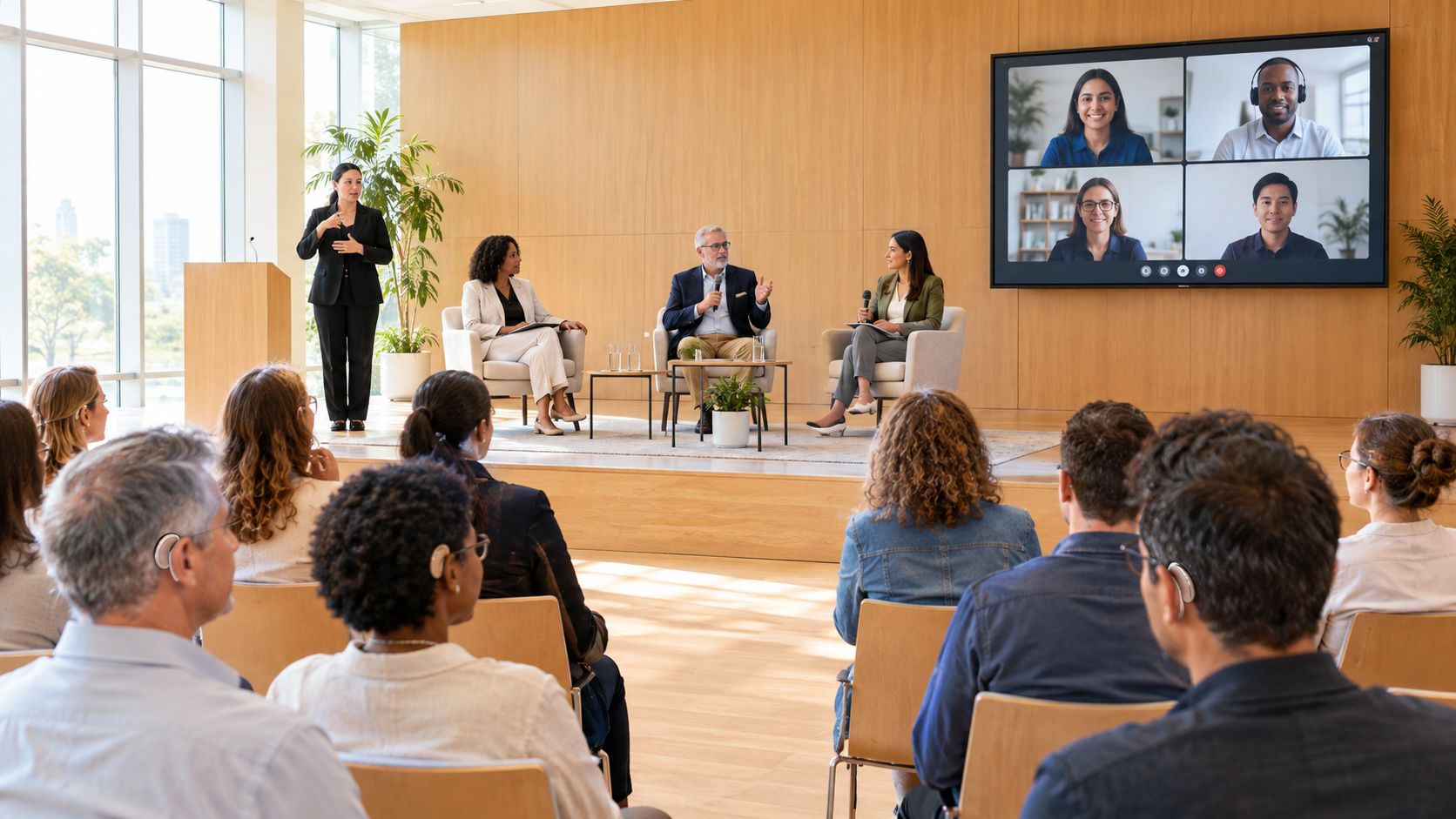 Eine Podiumsdiskussion findet vor einem Publikum statt, während eine Gebärdendolmetscherin die Veranstaltung für Gehörlose live übersetzt.