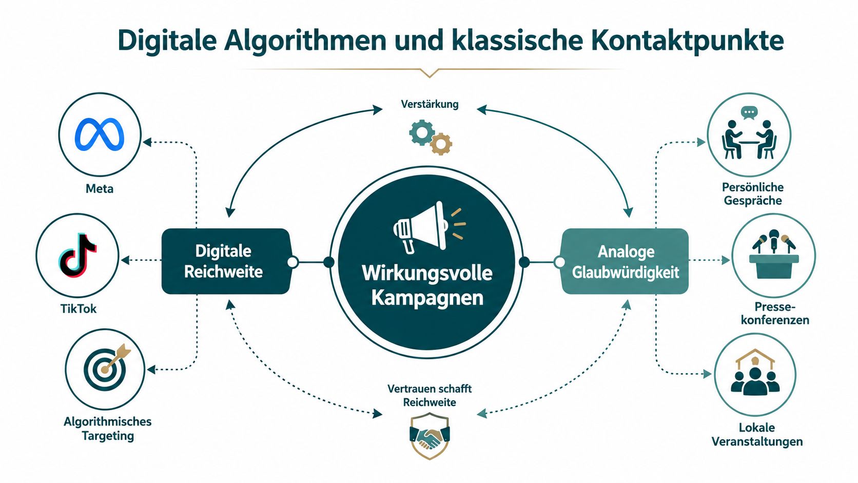 Grafik zur Kombination aus digitaler Reichweite durch Algorithmen und analoger Glaubwürdigkeit für wirkungsvolle politische Kampagnen.