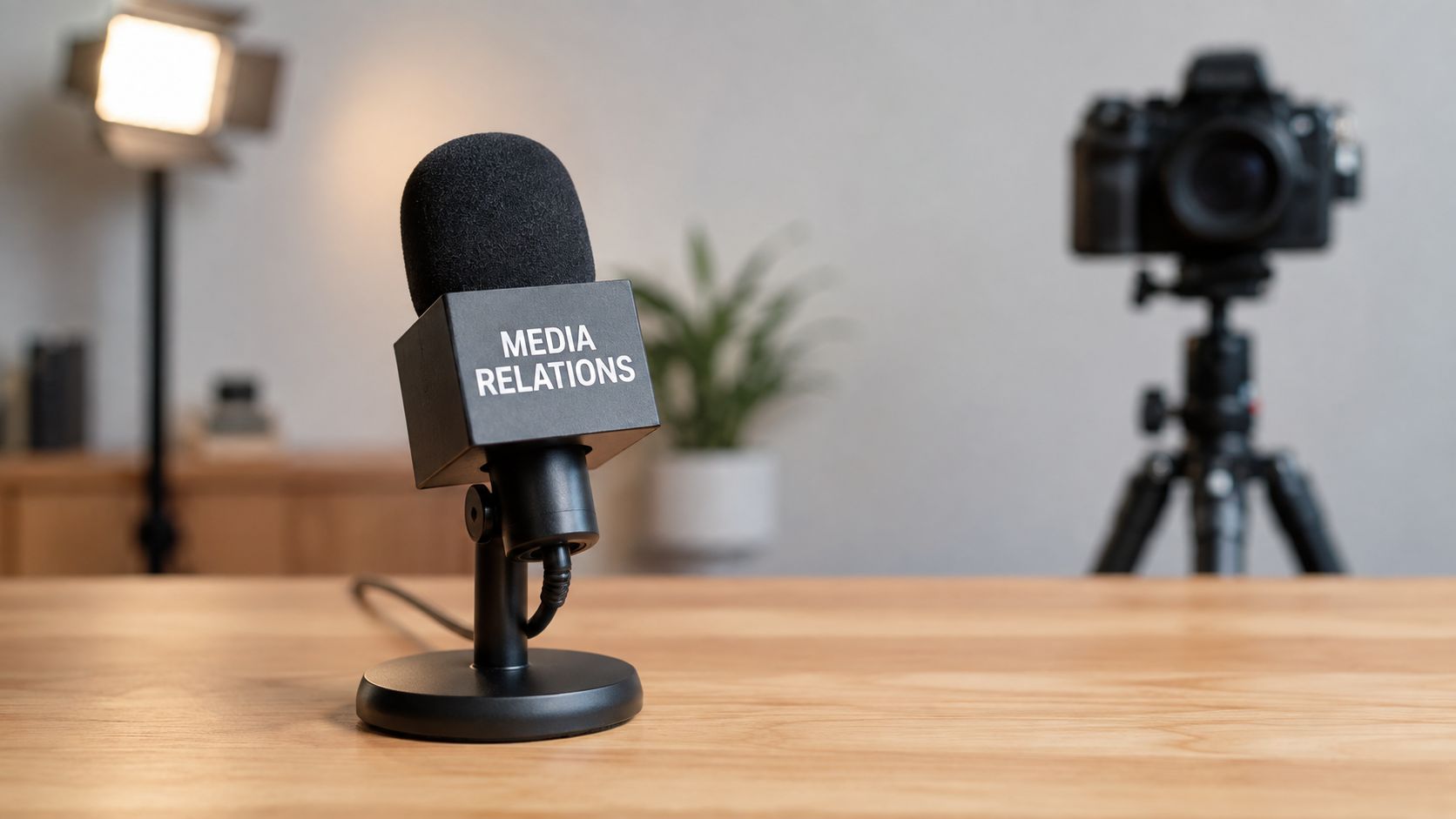 Ein schwarzes Mikrofon mit dem Aufdruck Media Relations steht auf einem Holztisch vor einer Kamera.