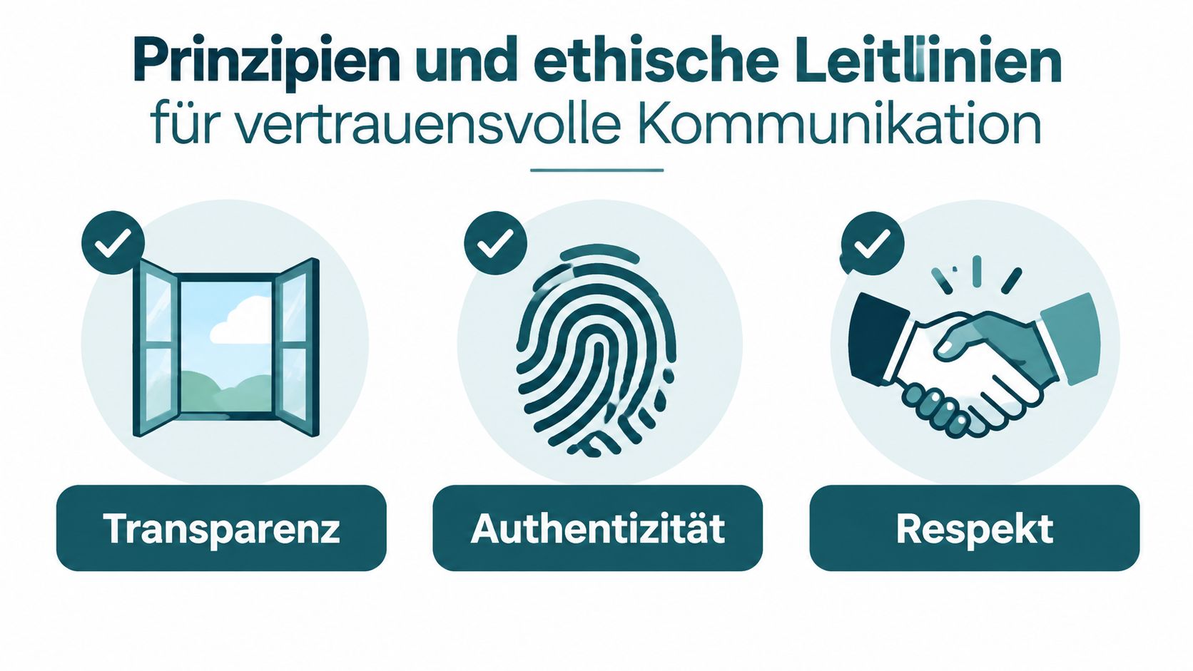 Eine Infografik über drei ethische Leitlinien für vertrauensvolle Kommunikation: Transparenz, Authentizität und Respekt als wichtige Grundpfeiler.