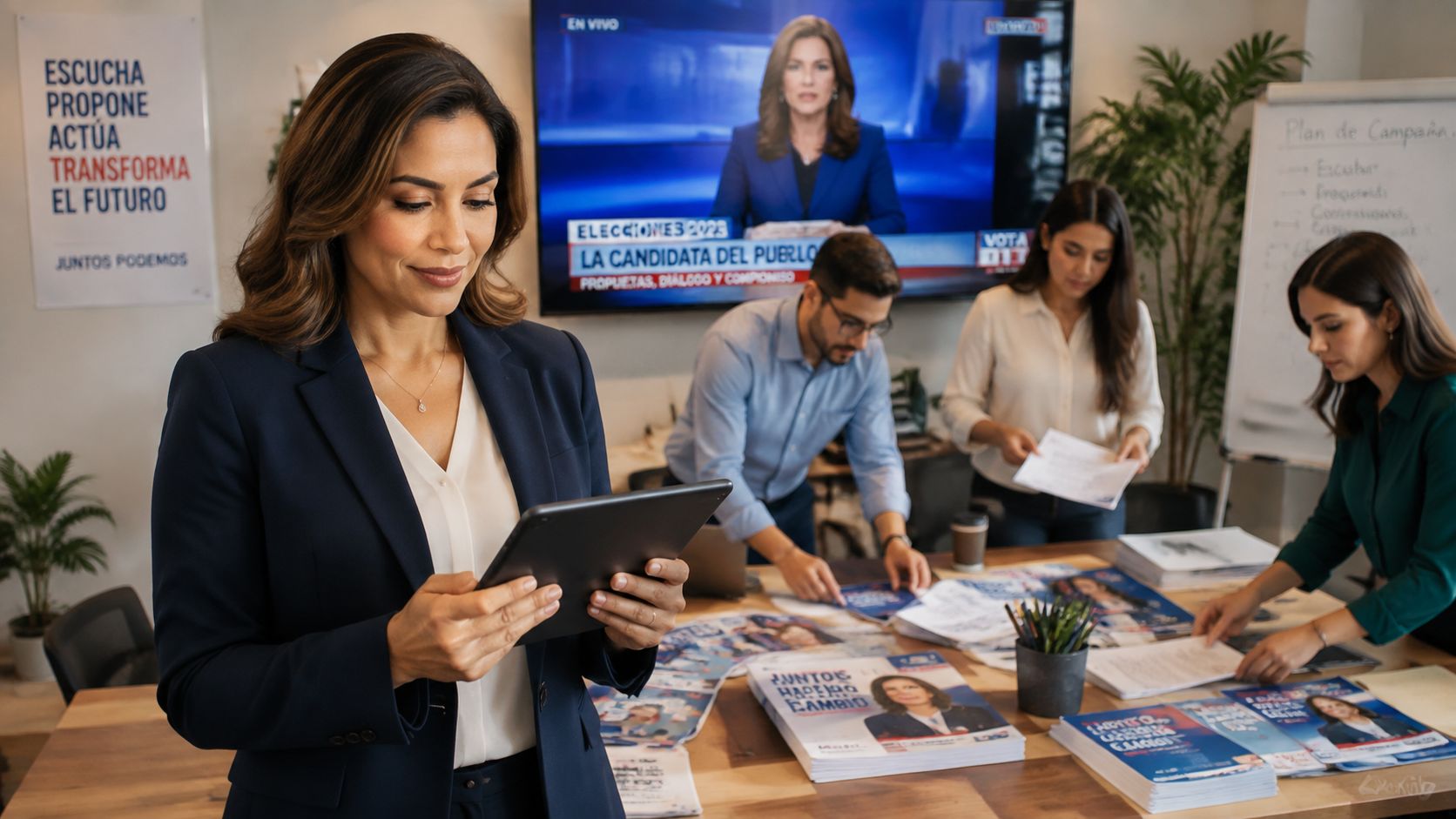 Eine Frau in einem professionellen Büro arbeitet an einem Tablet, während im Hintergrund ein politisches Team zusammenarbeitet.