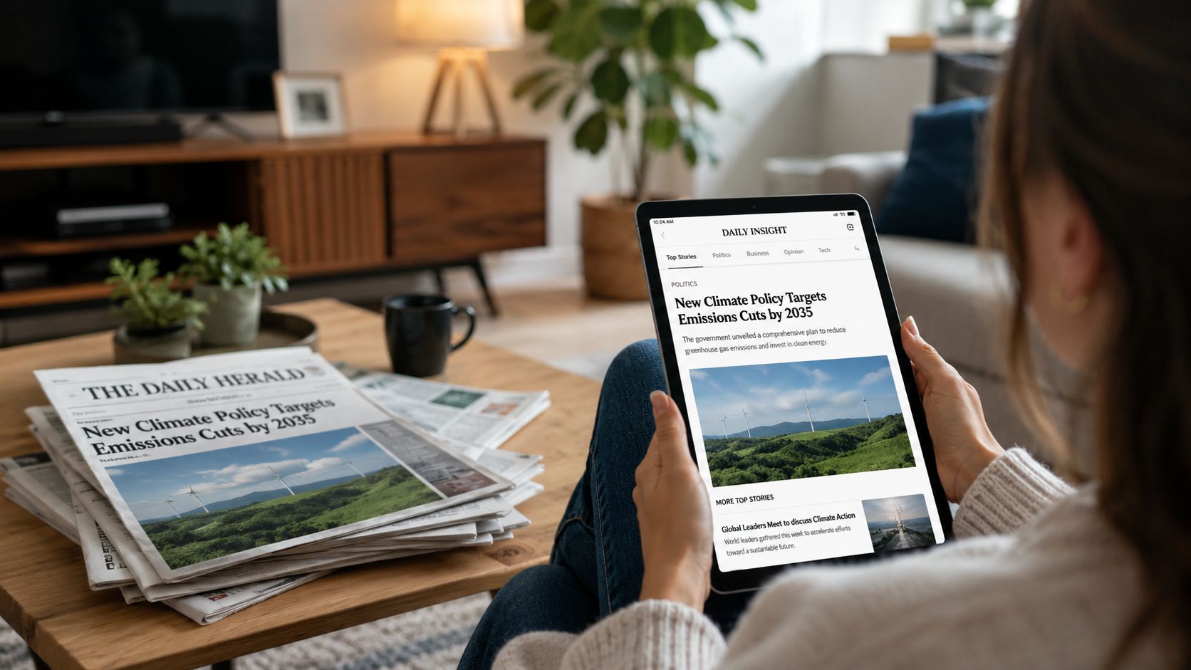 Eine Person liest Nachrichten über Klimapolitik auf einem Tablet, während eine gedruckte Zeitung auf dem Tisch liegt.