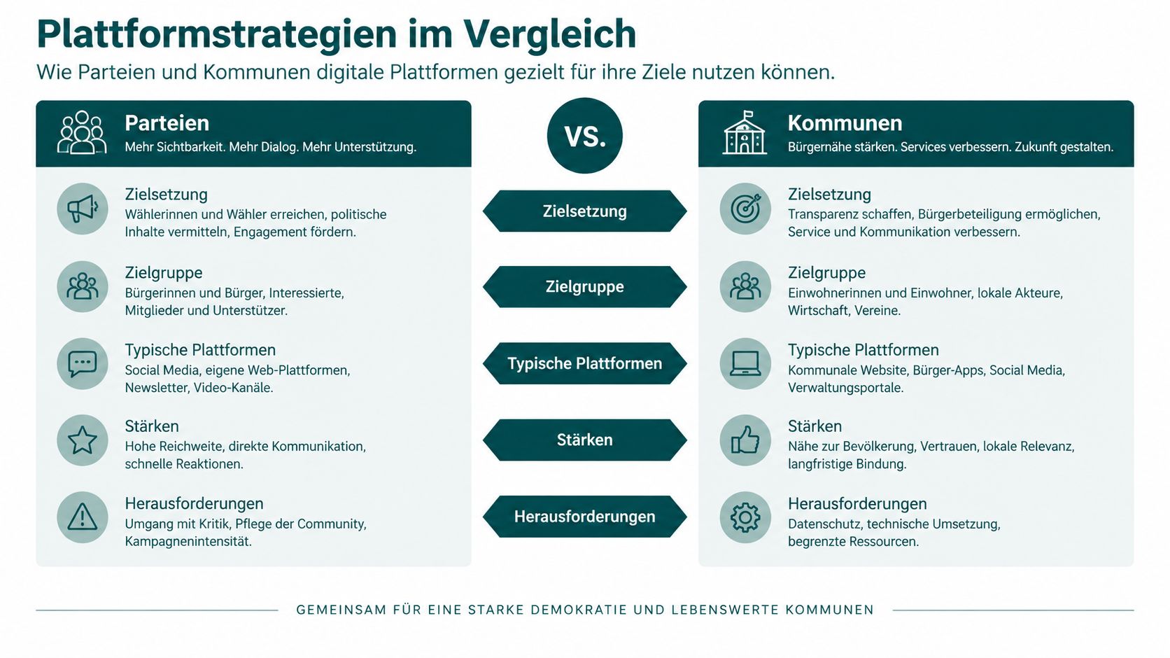 Vergleich von Plattformstrategien zwischen politischen Parteien und Kommunen zur Förderung der digitalen Kommunikation und Bürgerbeteiligung.