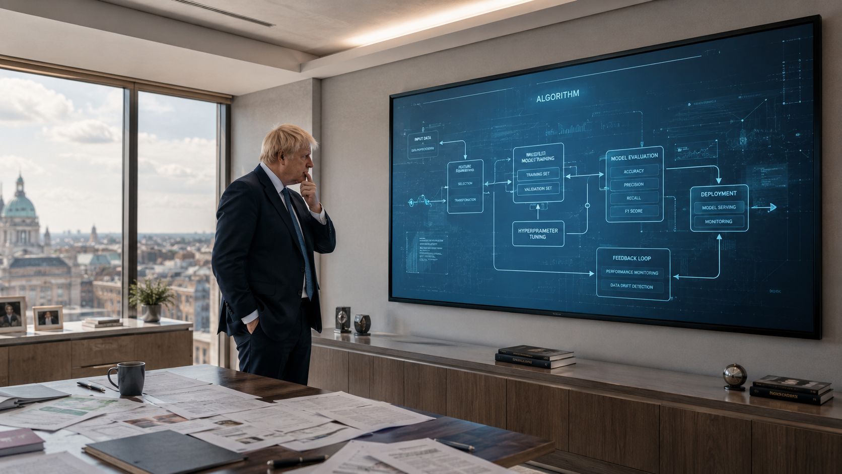 Boris Johnson betrachtet nachdenklich eine digitale Darstellung eines komplexen Algorithmus- und KI-Prozess-Diagramms in einem modernen Büro.