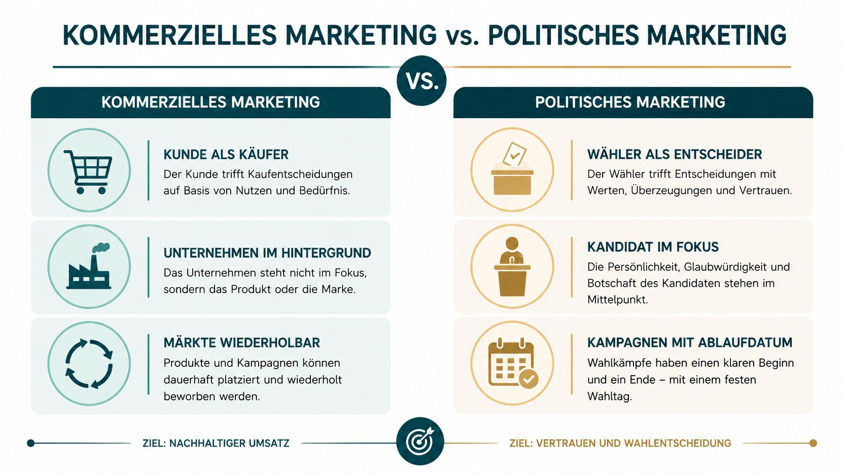 Vergleichsgrafik zwischen kommerziellem und politischem Marketing mit Fokus auf Zielgruppen, Strategien und langfristigen Zielen der Kampagnen.