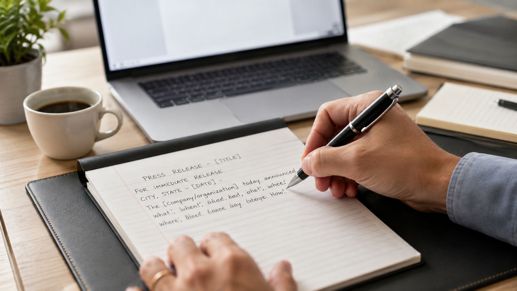 Eine Person schreibt von Hand eine Pressemitteilung in ein Notizbuch an einem aufgeräumten Schreibtisch mit Laptop.