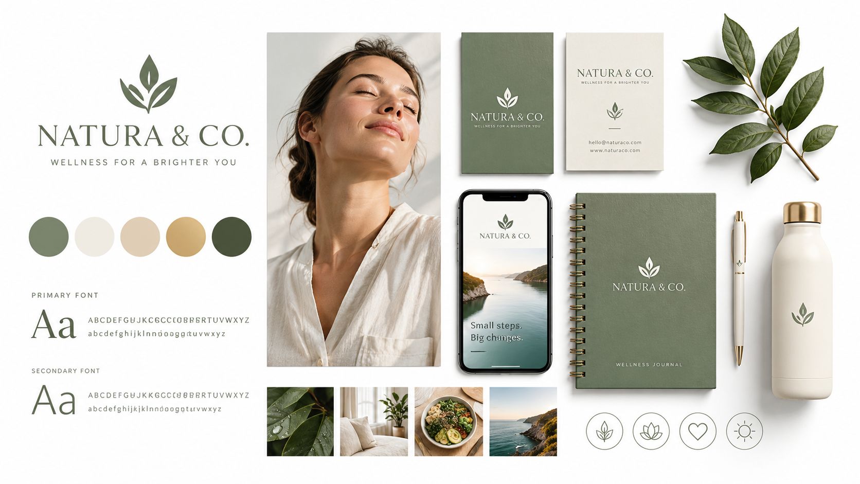 Ein Branding-Board für die Marke Natura & Co mit Logo, Farbpalette, Typografie und Lifestyle-Fotos für Wellness-Unternehmen.