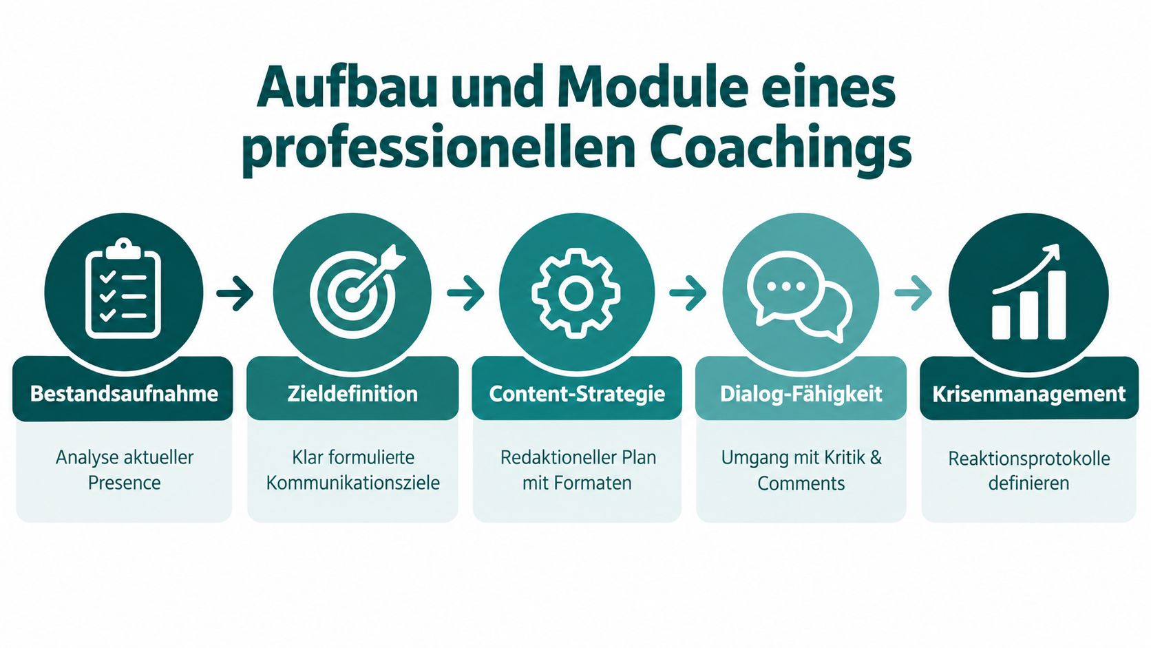 Grafik zeigt den fünfstufigen Ablauf eines professionellen Social-Media-Coachings von der Bestandsaufnahme bis zum Krisenmanagement.