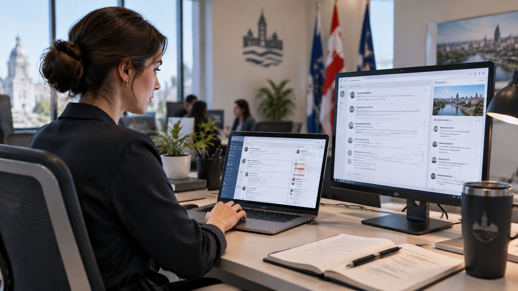 Eine Frau arbeitet konzentriert an ihrem Schreibtisch mit Laptop und Monitor in einem modernen hellen Bürogebäude.