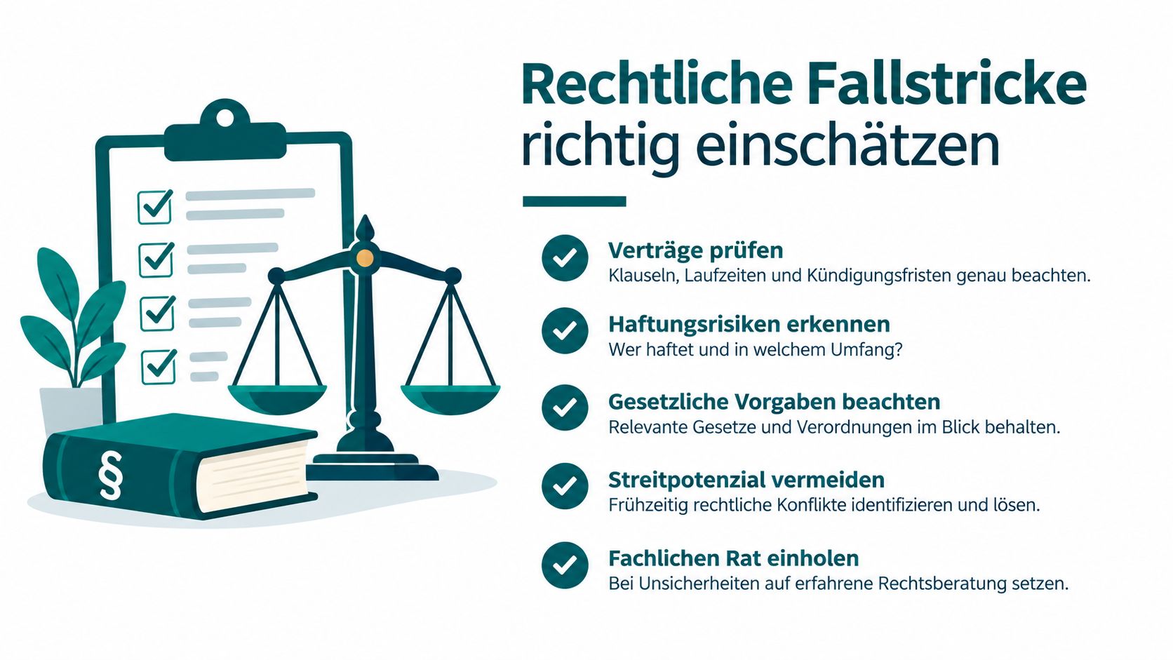 Eine Grafik zeigt rechtliche Fallstricke, symbolisiert durch eine Waage, Gesetzbuch und eine Checkliste für geschäftliche Verträge.
