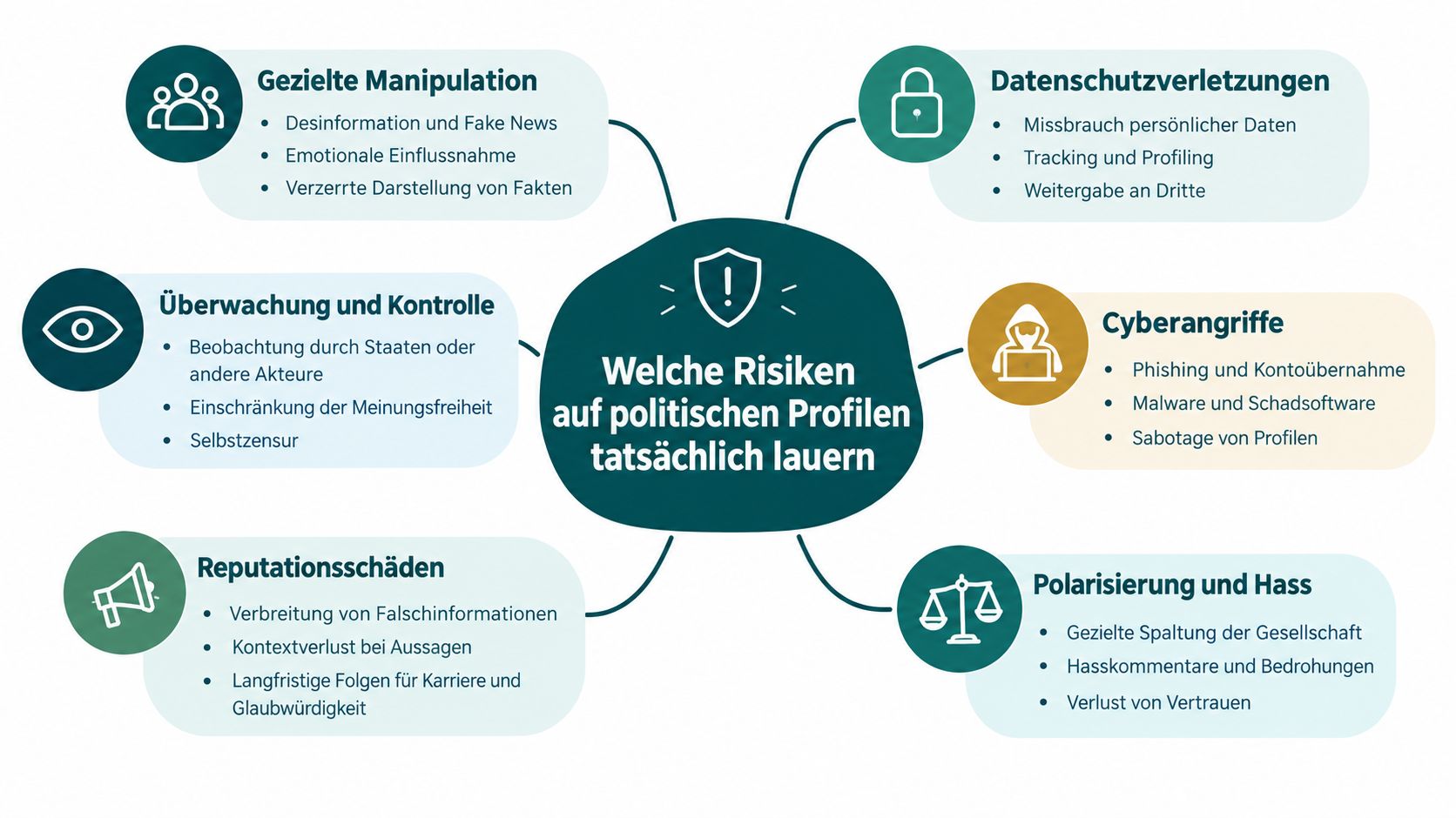 Infografik über die verschiedenen Risiken für politische Profile in sozialen Medien, dargestellt als Mindmap mit sechs Kategorien.