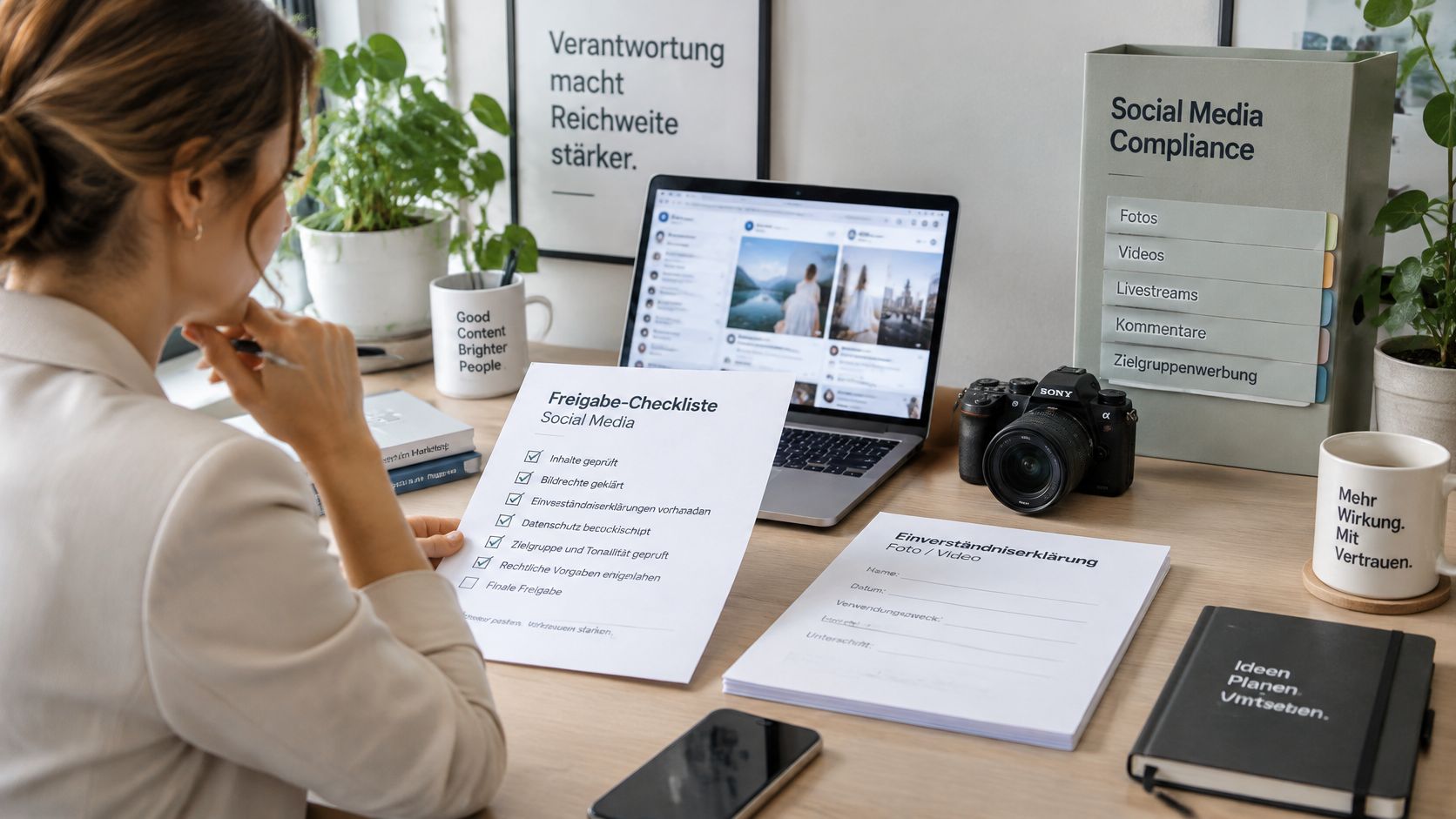 Eine Frau arbeitet an ihrem Schreibtisch mit Social Media Compliance Dokumenten, einem Laptop und einer Kamera.