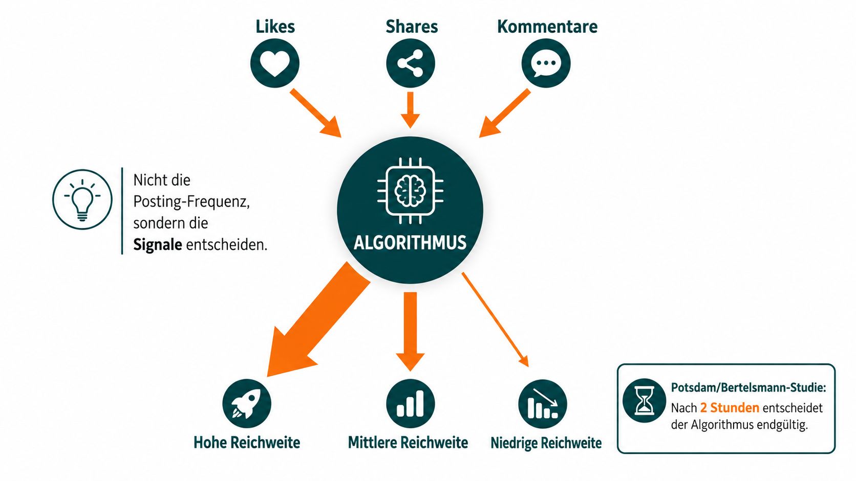 Infografik zur Funktionsweise von Social-Media-Algorithmen und wie Signale über die Reichweite eines Beitrags entscheiden.