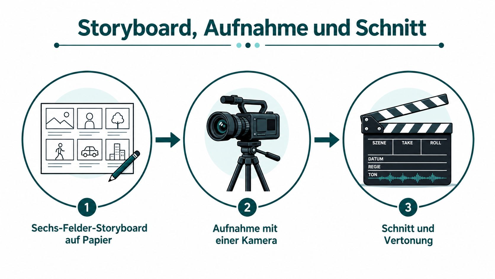 Eine Infografik zeigt den dreistufigen Prozess der Videoproduktion: Storyboard, Filmaufnahme mit der Kamera und anschließende Bearbeitung sowie Vertonung.