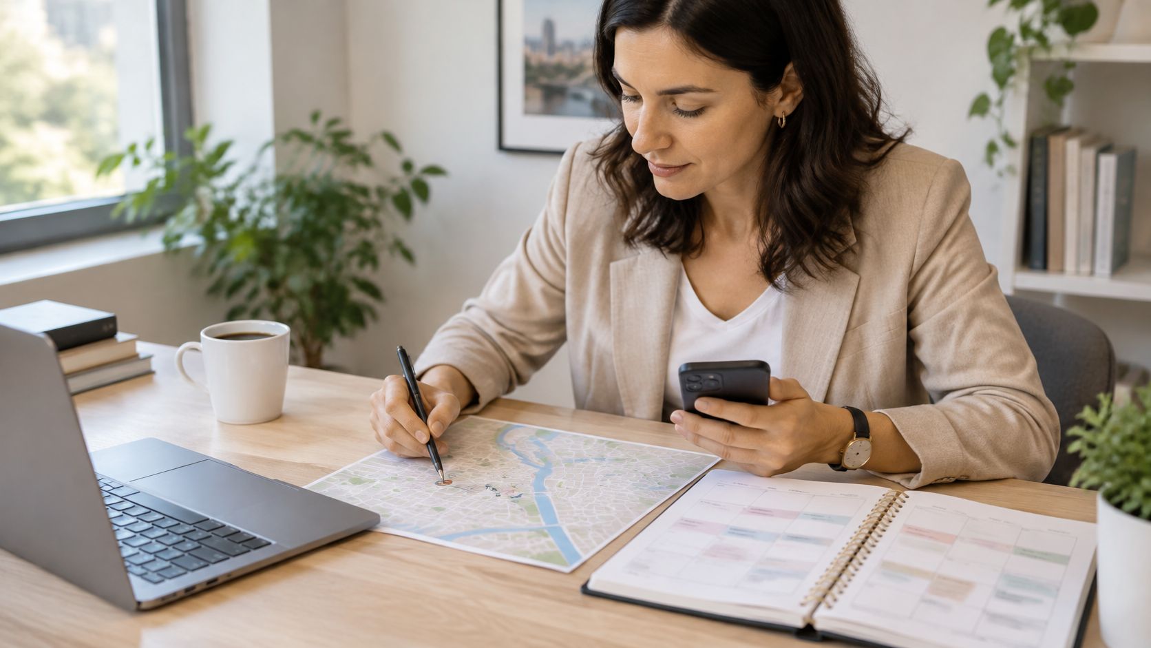 Eine Frau arbeitet an ihrem Schreibtisch mit einem Laptop, einem Kalender, einer Karte und ihrem Smartphone.