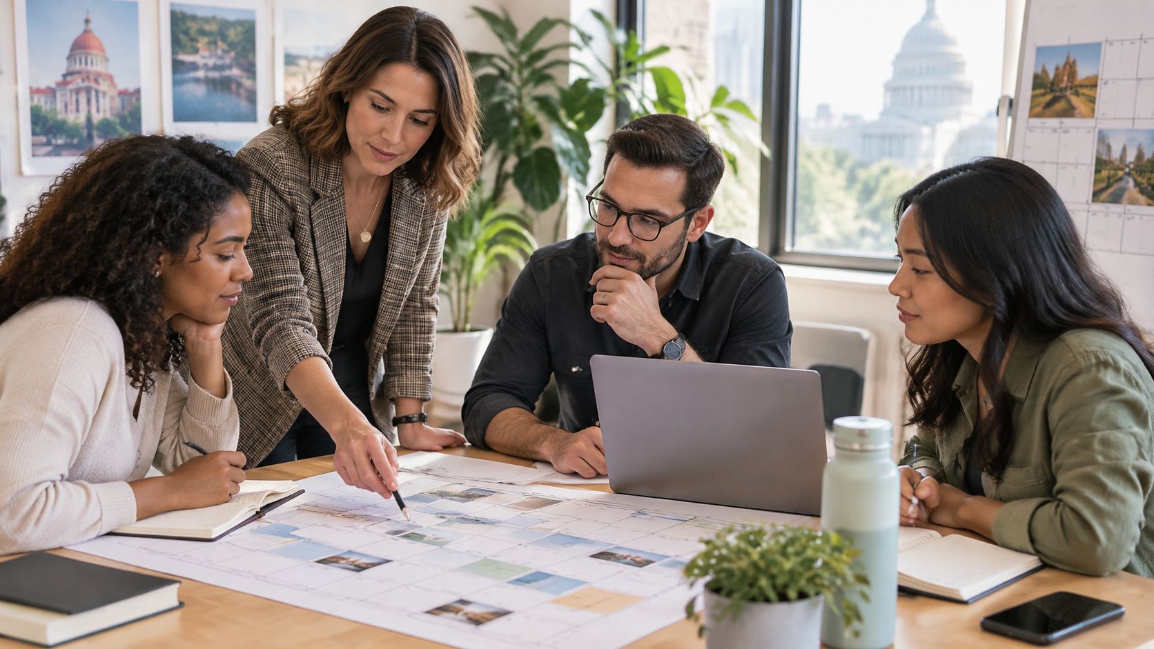 Ein diverses Team arbeitet gemeinsam an einem Planungsdokument in einem hellen, modernen Büro mit Laptop.