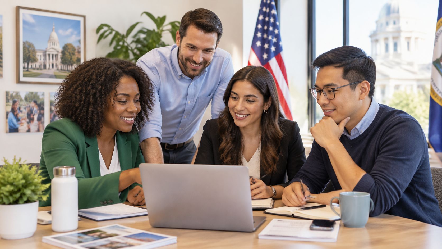 Ein diverses Team von Fachleuten arbeitet gemeinsam an einem Laptop in einem modernen Büro mit US-Flagge.