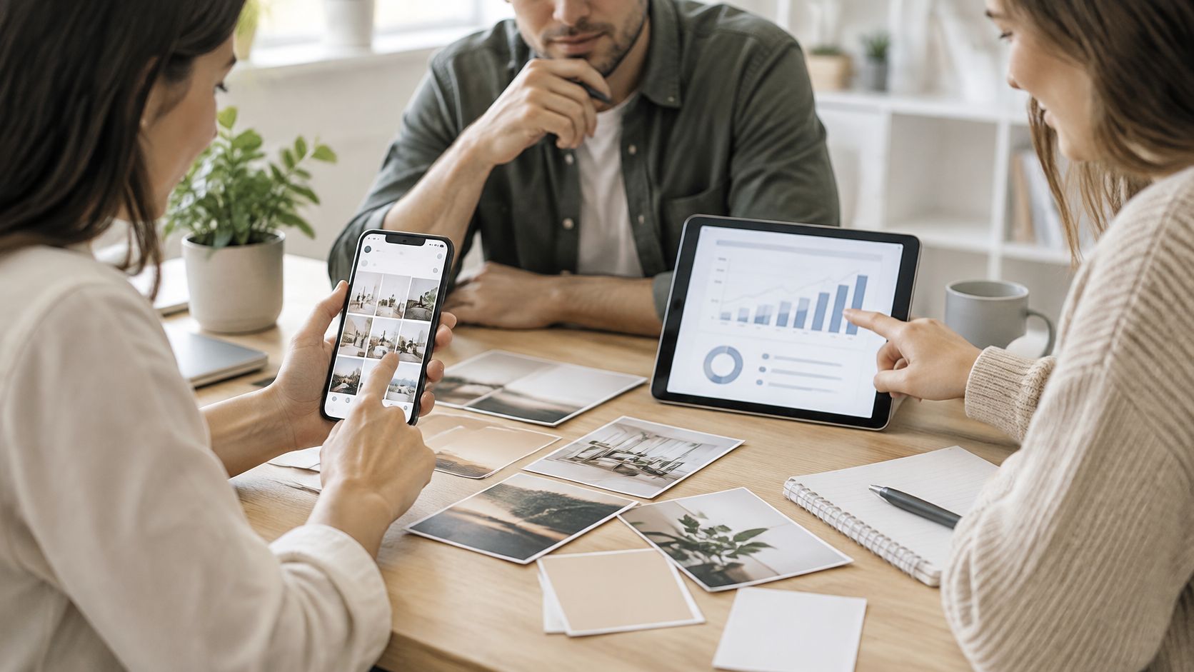 Ein Team von drei Personen bespricht in einem hellen Büro kreative Strategien für soziale Medien und Marketinginhalte.