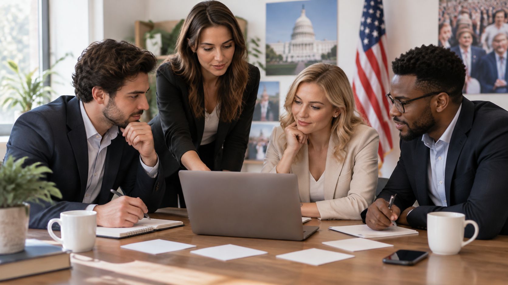 Ein diverses Team von Geschäftsleuten arbeitet gemeinsam an einem Laptop in einem modernen Büro mit US-Flagge.