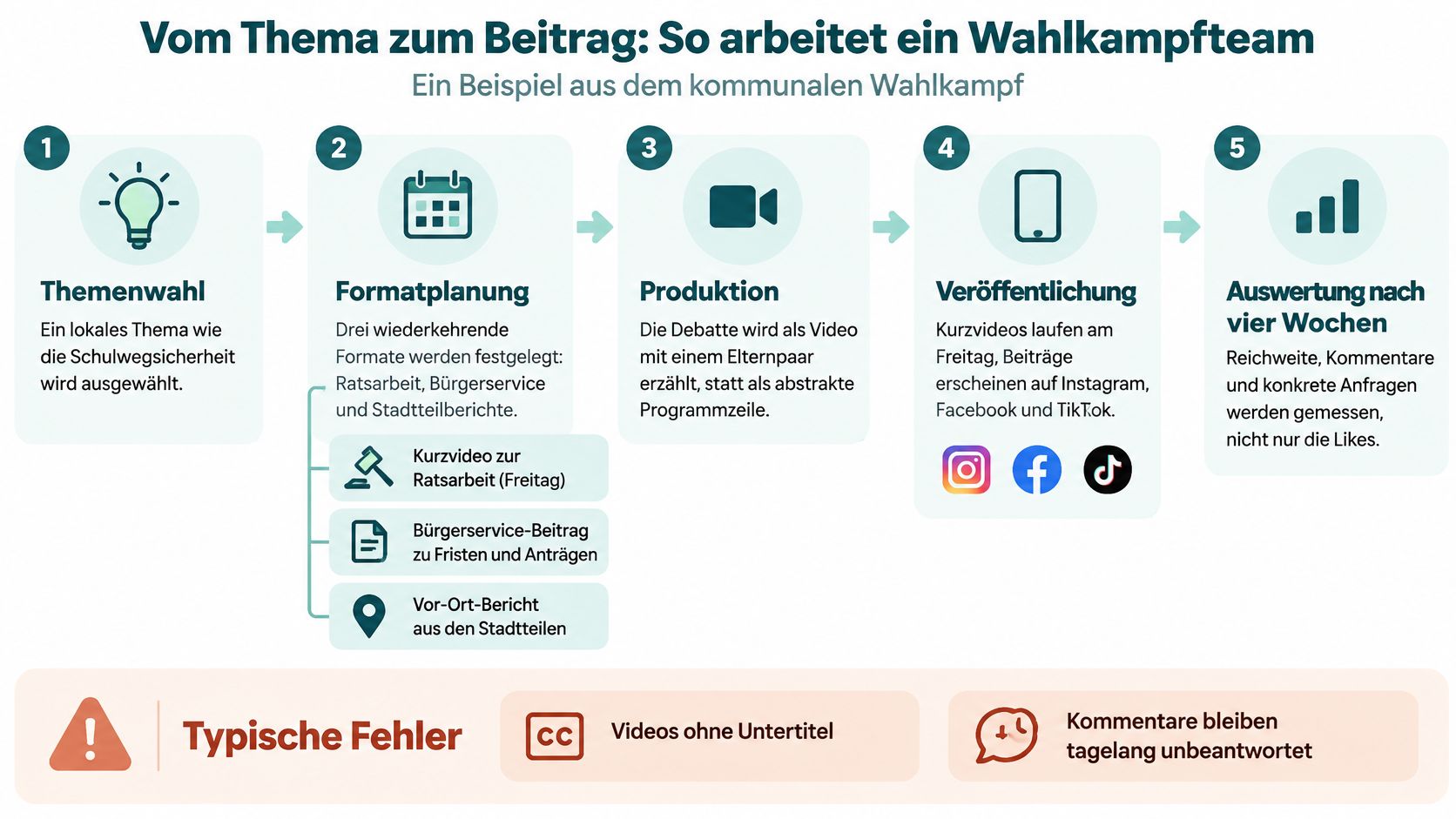 Eine Infografik zeigt den fünfstufigen Prozess der redaktionellen Planung für einen kommunalen Wahlkampf in sozialen Medien.