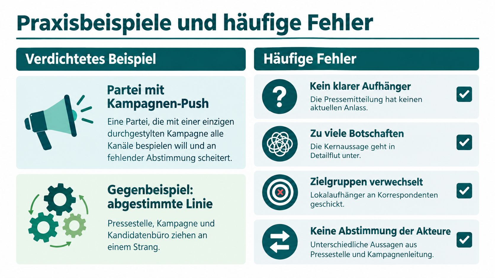 Grafik zur strategischen Pressearbeit mit Praxisbeispielen, Gegenbeispielen und häufigen Fehlern bei der Kampagnenplanung in der politischen Kommunikation.