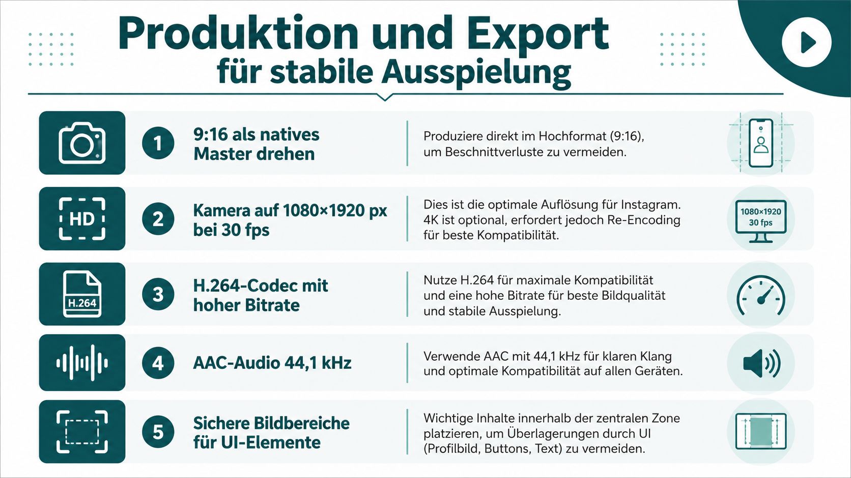 Eine Infografik mit fünf Schritten für die optimale Produktion und den Export von Instagram-Videos für stabile Ausspielung.
