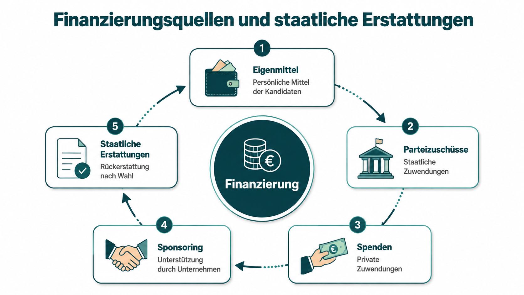 Infografik über verschiedene Finanzierungsquellen und staatliche Erstattungen für Wahlkämpfe mit fünf nummerierten Schritten im Kreis angeordnet.