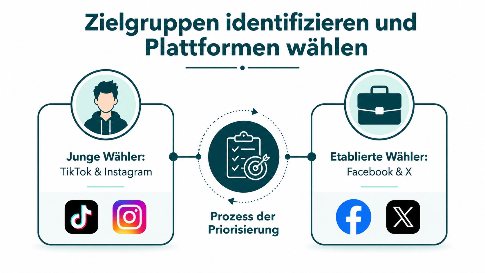 Eine Infografik zur Wahlkampfstrategie, die Zielgruppen in junge Wähler auf TikTok und etablierte Wähler auf Facebook unterteilt.