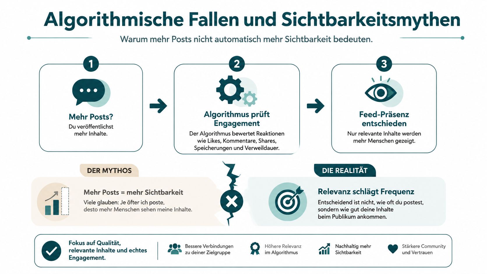 Eine Infografik erklärt, warum Qualität bei Social-Media-Beiträgen wichtiger ist als die reine Veröffentlichungsfrequenz für die Sichtbarkeit.