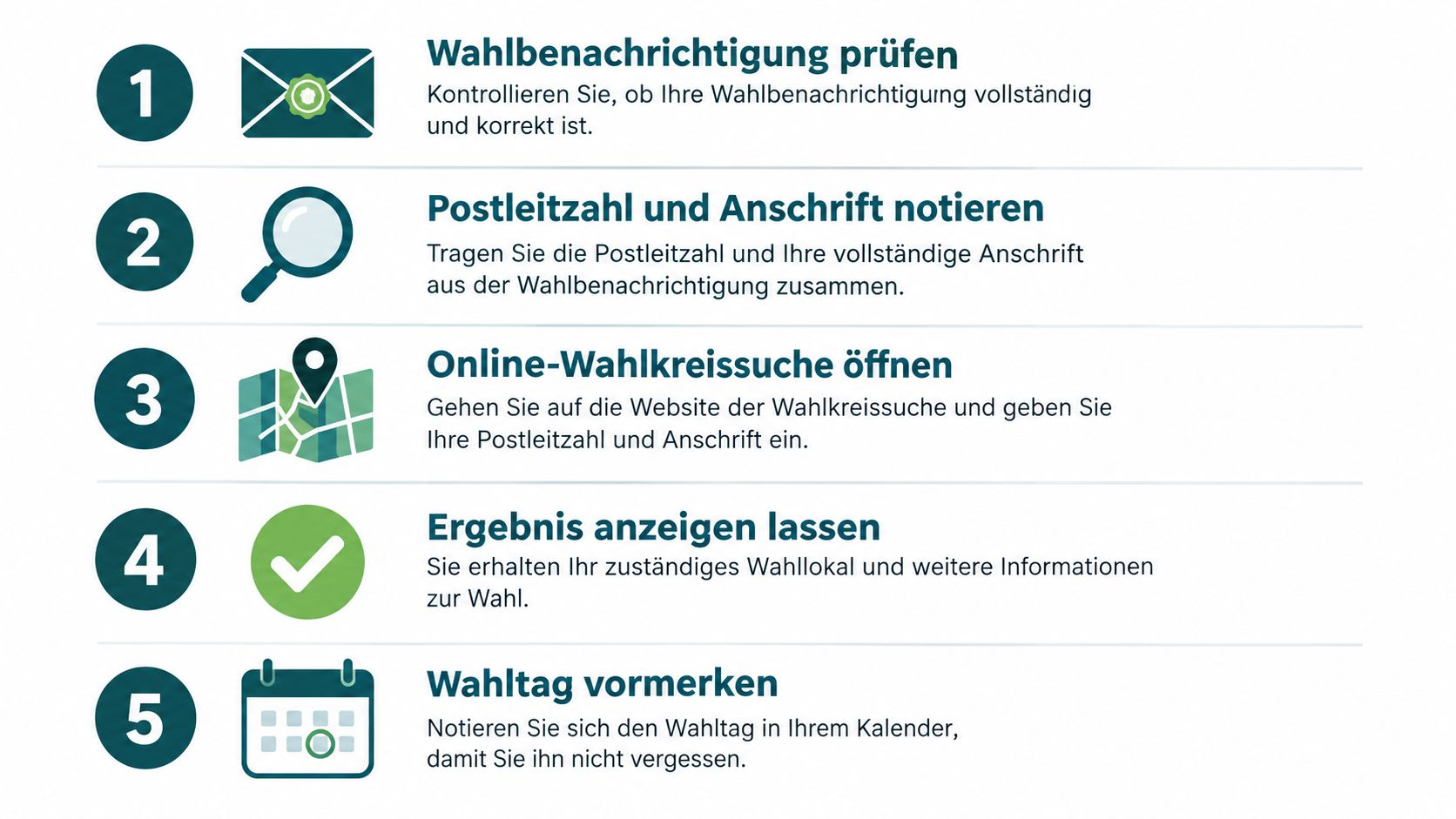 Eine Infografik mit fünf nummerierten Schritten zur Suche des zuständigen Wahllokals mittels der persönlichen Wahlbenachrichtigung.