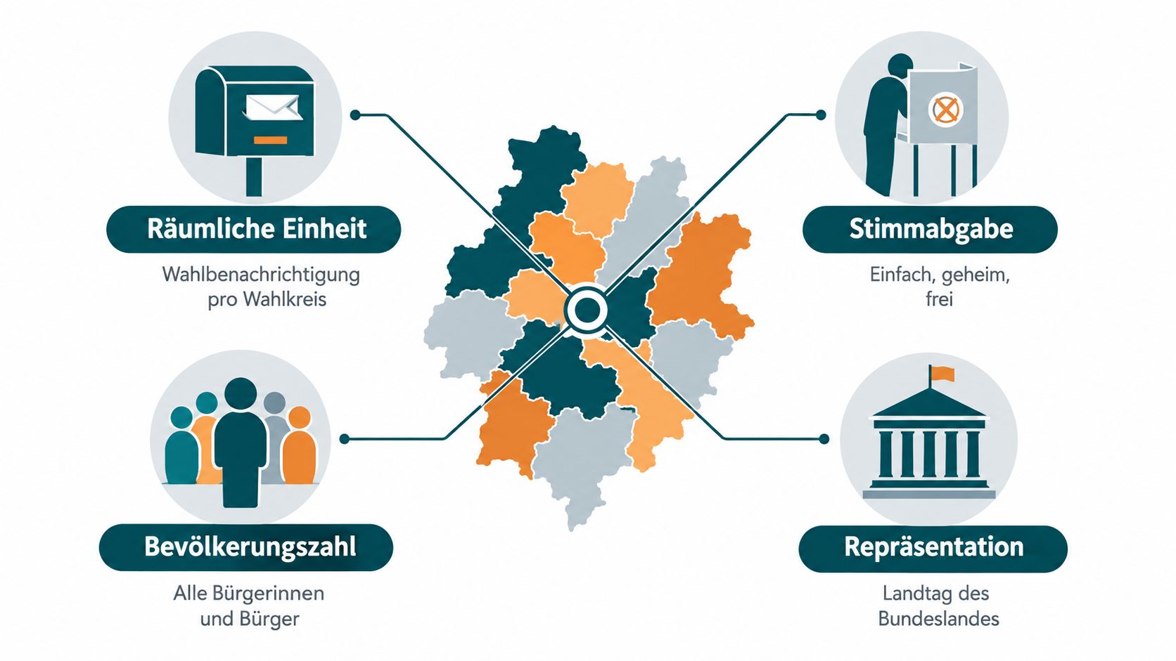 Infografik zur Struktur der Landtagswahl mit den vier Aspekten räumliche Einheit, Stimmabgabe, Bevölkerungszahl und politische Repräsentation.