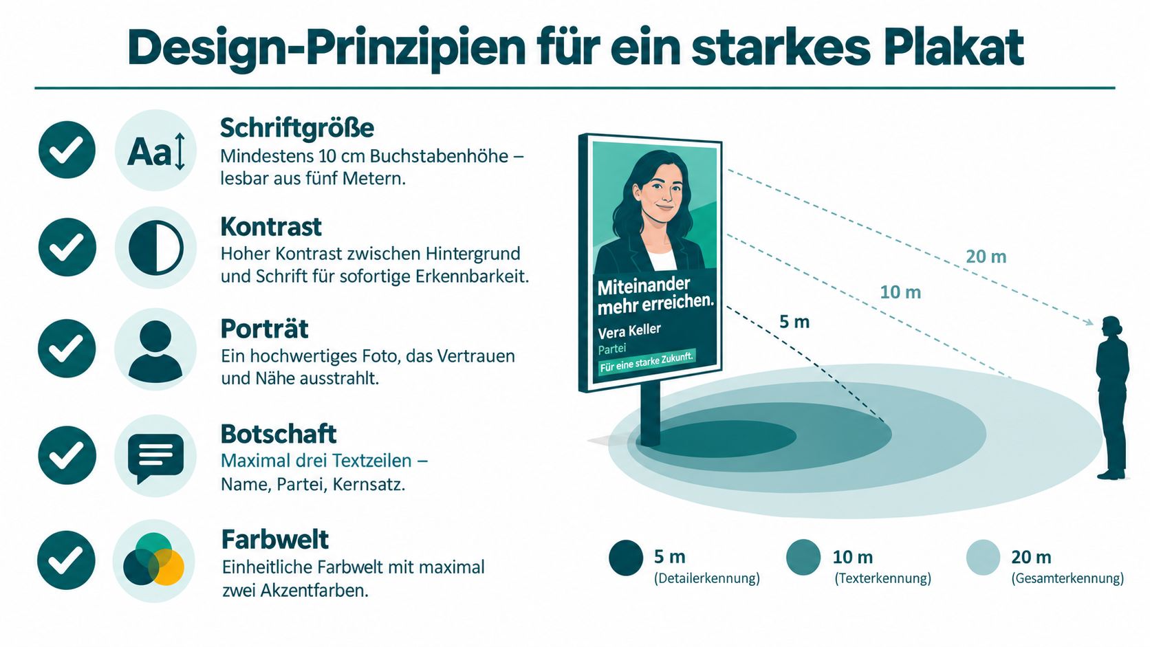 Eine Infografik mit fünf Design-Prinzipien für die Gestaltung von wirkungsvollen Wahlplakaten inklusive Erläuterungen zur Lesbarkeit und Sichtweite.