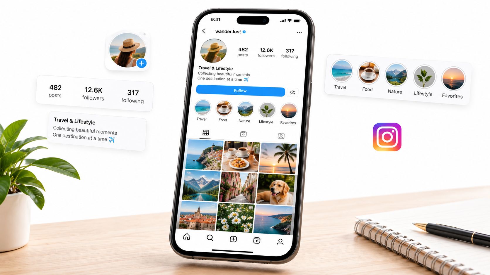 Ein Smartphone zeigt das Instagram-Profil von wander.lust auf einem Schreibtisch neben einer Pflanze und einem Notizbuch.