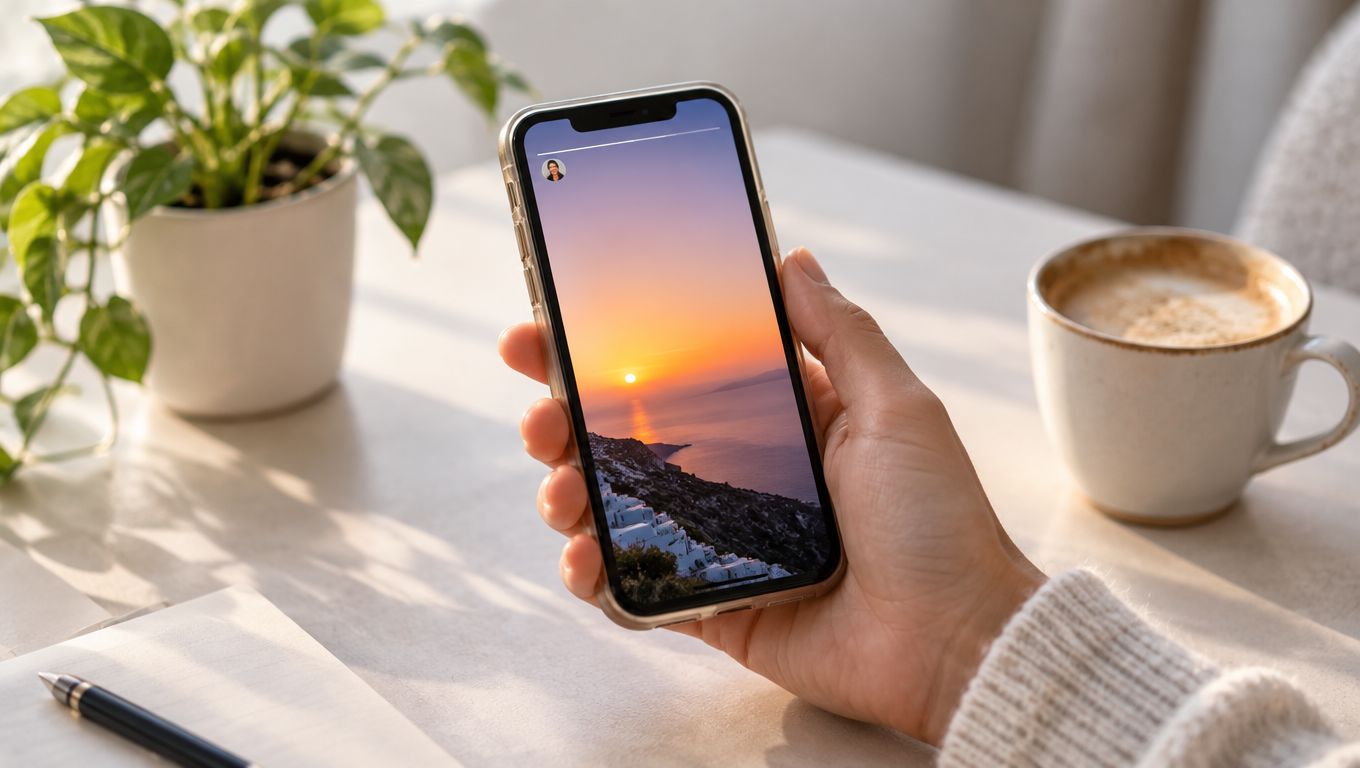 Eine Hand hält ein Smartphone, das ein malerisches Foto eines Sonnenuntergangs über dem Meer anzeigt.